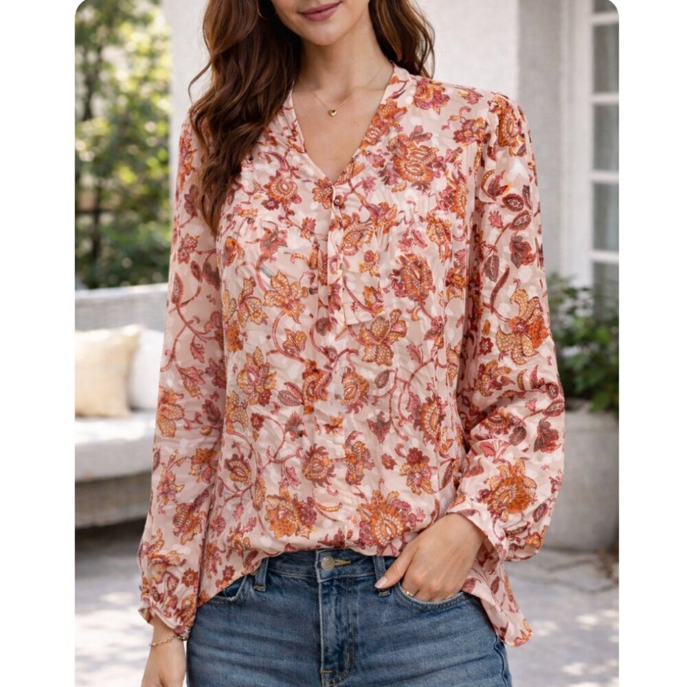 NWT Ophelia Roe Floral Blouse Size Large Long Sleeve Boho Top